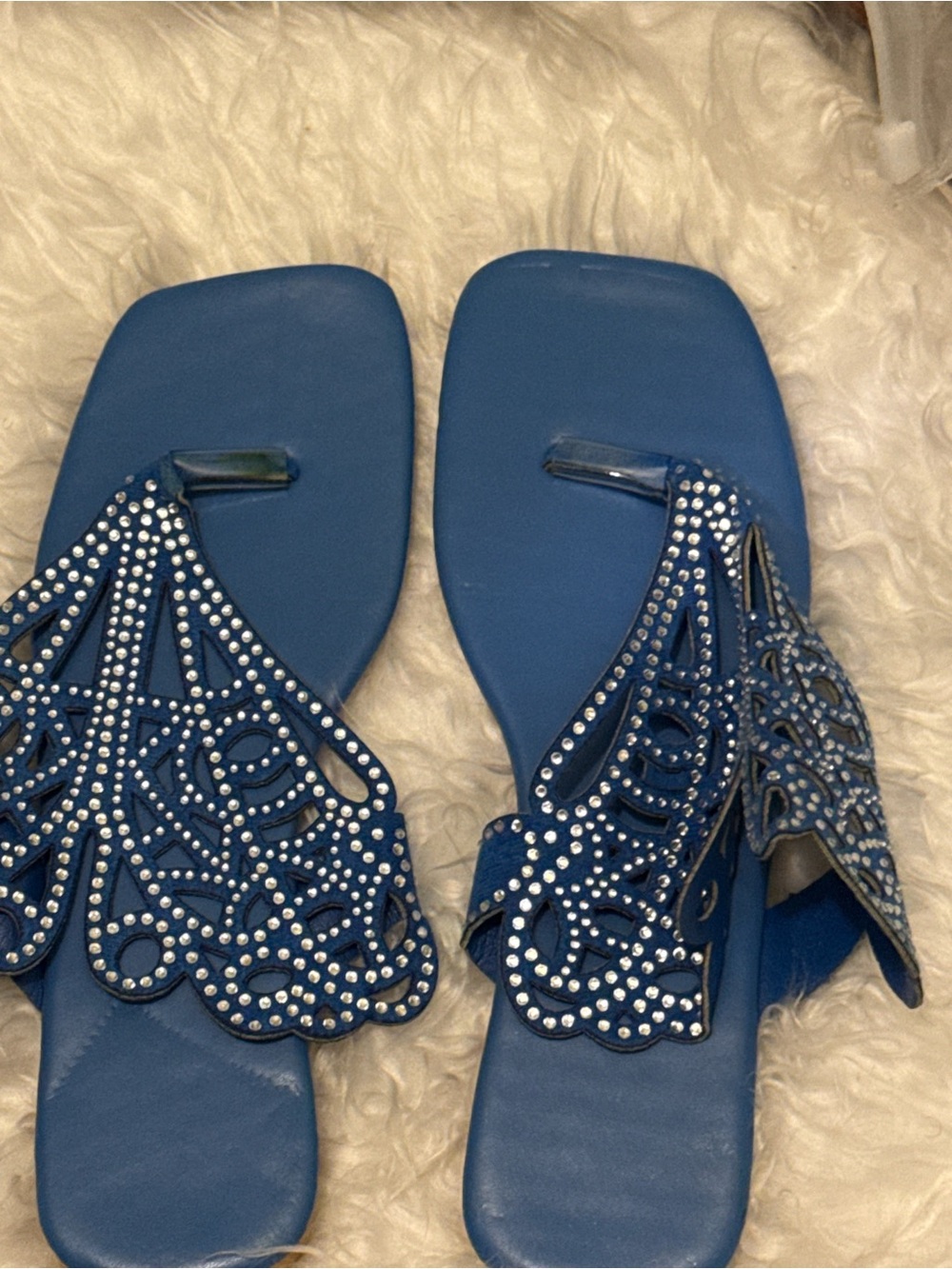 Women's Blue Rhinestone Cutout Toe-Post Sandals